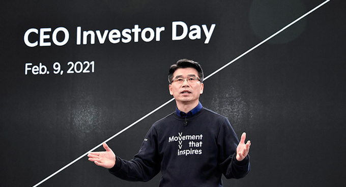 송호성 기아 사장이 9일 온라인 채널을 통해 개최된 'CEO 인베스터 데이'에서 발표하고 있다./사진 현대차그룹