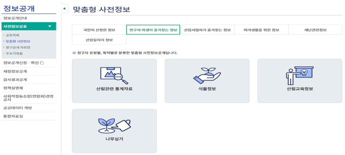 산림청 홈페이지 사전정보 화면 (사진=행정안전부)