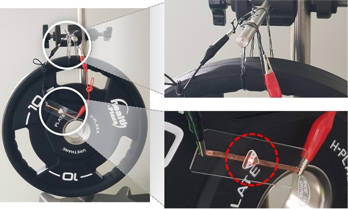 제조된 섬유형 슈퍼커패시터에 10㎏의 하중을 가하면서 전구를 동작시키는 모습 (사진=한국재료연구원)