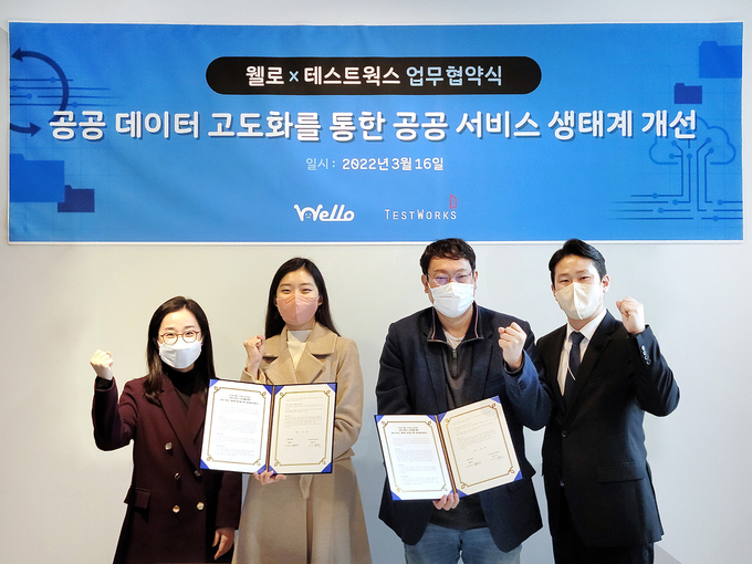 왼쪽부터 웰로 신지현 이사, 웰로 김유리안나 대표, 테스트웍스 윤석원 대표, 테스트웍스 김수덕 본부장 (사진=테스트웍스)